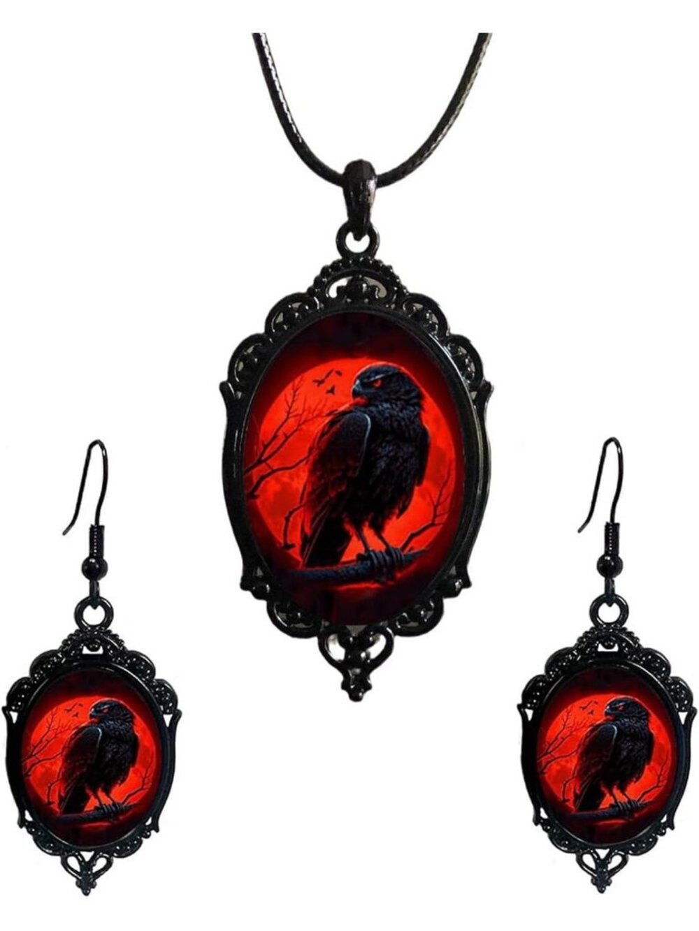 Vintage Gothic Raven Bat Witch Jewelry Set Cameo Necklace Earrings-A1:Red Raven